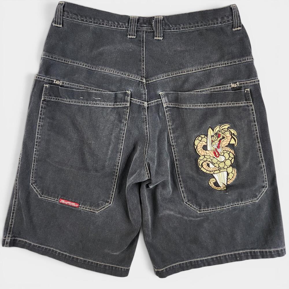 Ignition Jean Shorts Mens Fits 35 Black Baggy Skater Dragon Embroidered VTG Y2K